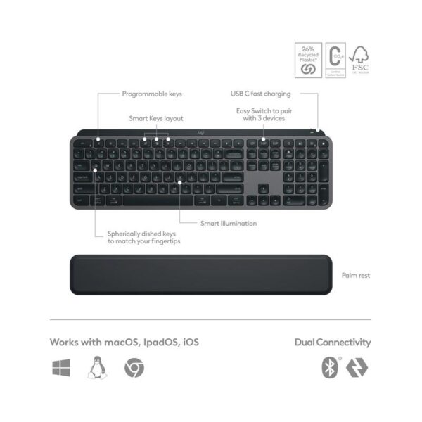 Logitech MX Keys S Combo - Performance Wireless Keyboard and Mouse with Palm Rest, Customizable Illumination, Fast Scrolling, Bluetooth, USB C, for Windows, Linux, Chrome, Mac - Graphite - Image 6