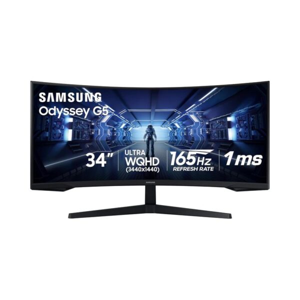 Curved Samsung Odyssey G5 monitor with 34-inch display, Ultra WQHD resolution (3440x1440), 165Hz refresh rate, and 1ms response time.