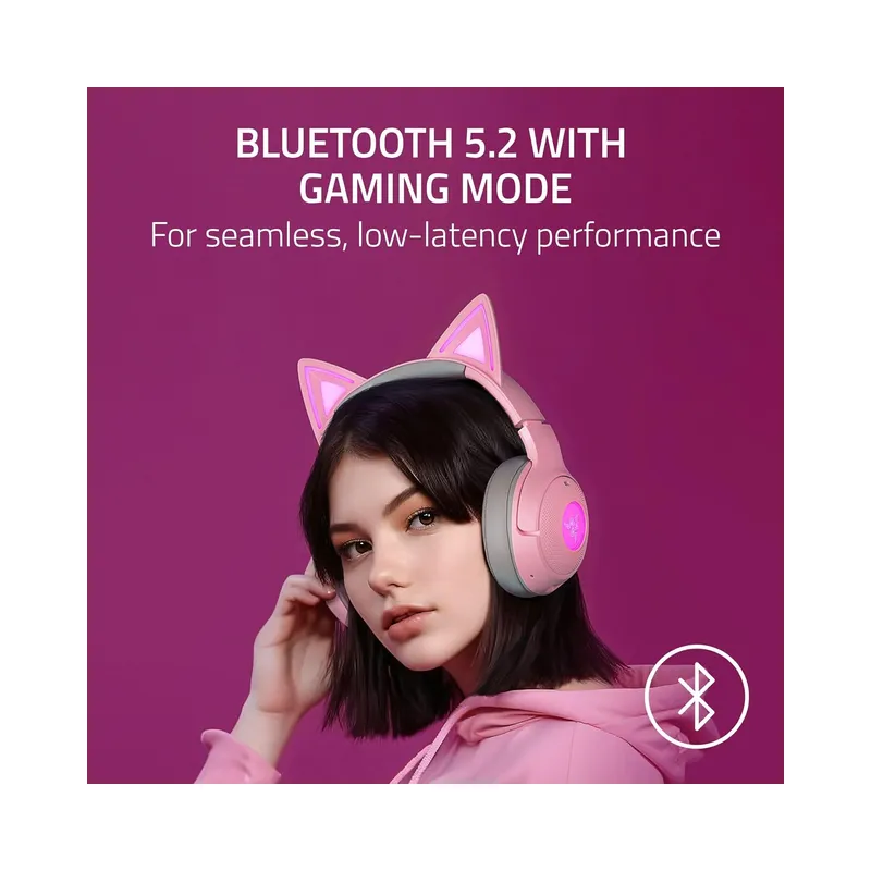 Razer Kraken Kitty V2 BT Wireless RGB Headset: Chroma RGB Kitty Ears & Earcups - Lightweight - 40 Hr Battery w/Type C Charging - Quartz Pink (Brand New) - Image 3