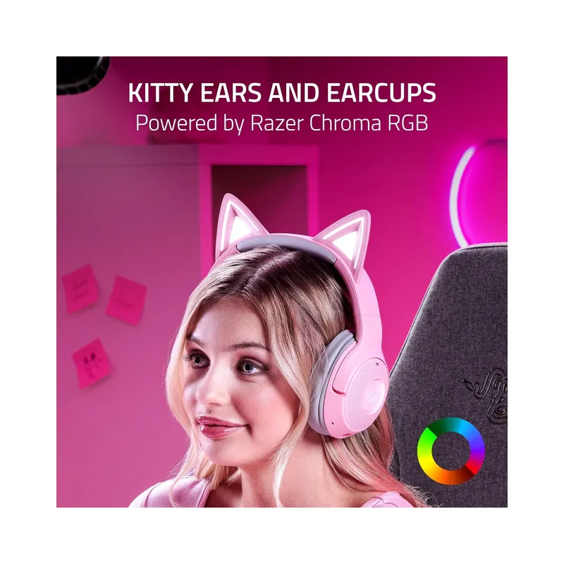 Razer Kraken Kitty V2 BT Wireless RGB Headset: Chroma RGB Kitty Ears & Earcups - Lightweight - 40 Hr Battery w/Type C Charging - Quartz Pink (Brand New) - Image 2