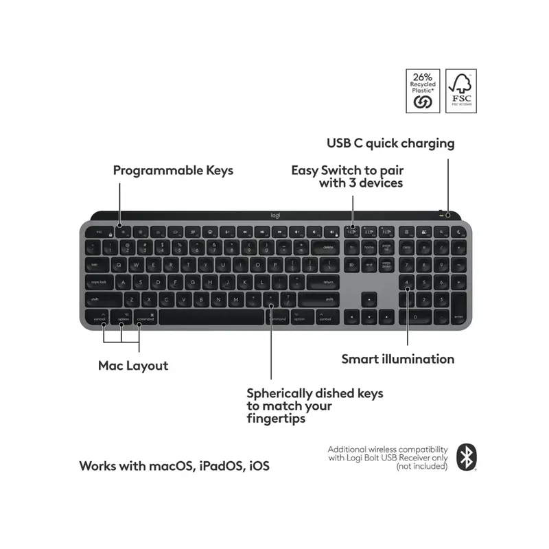 Logitech - MX Keys S for Mac Advanced Full-size Wireless Scissor Keyboard with Backlit keys for MacBook, iMac, iPad - Space Gray (Brand New) - Image 6