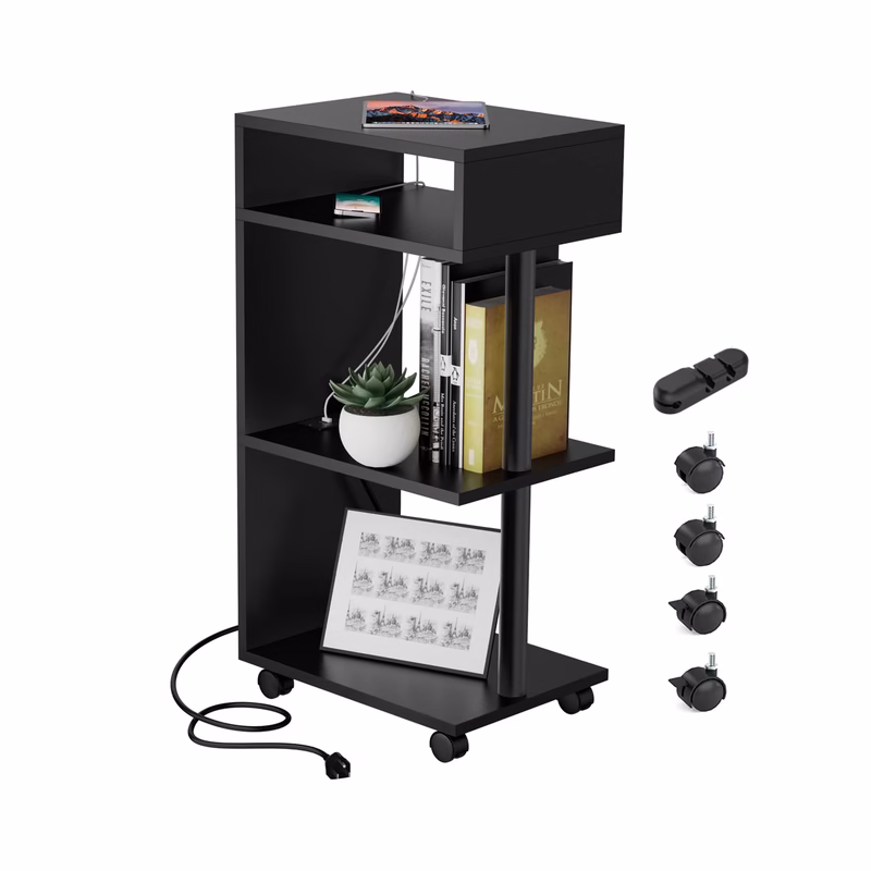 Yamagahome End Table with Charging Station – 4-Tier Nightstand, Black