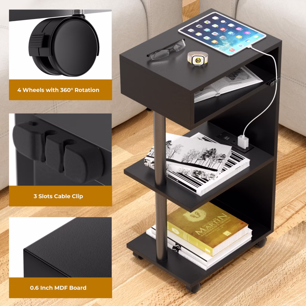 Yamagahome End Table with Charging Station – 4-Tier Nightstand, Black - view 4