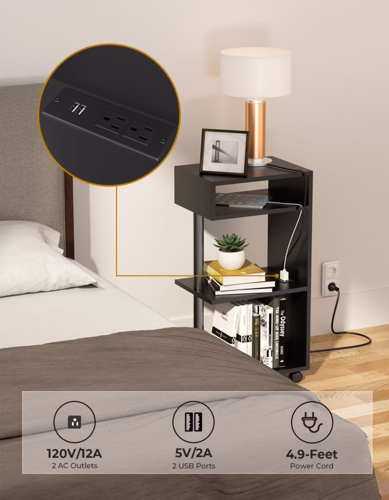 Yamagahome End Table with Charging Station – 4-Tier Nightstand, Black - view 3
