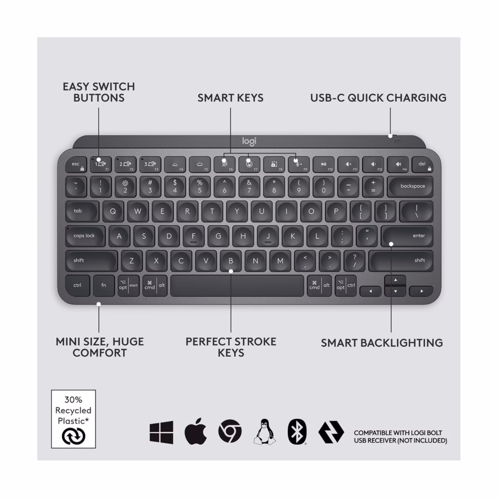 Logitech MX Keys Mini Smart Backlighting illuminating keys automatically in a dark environment