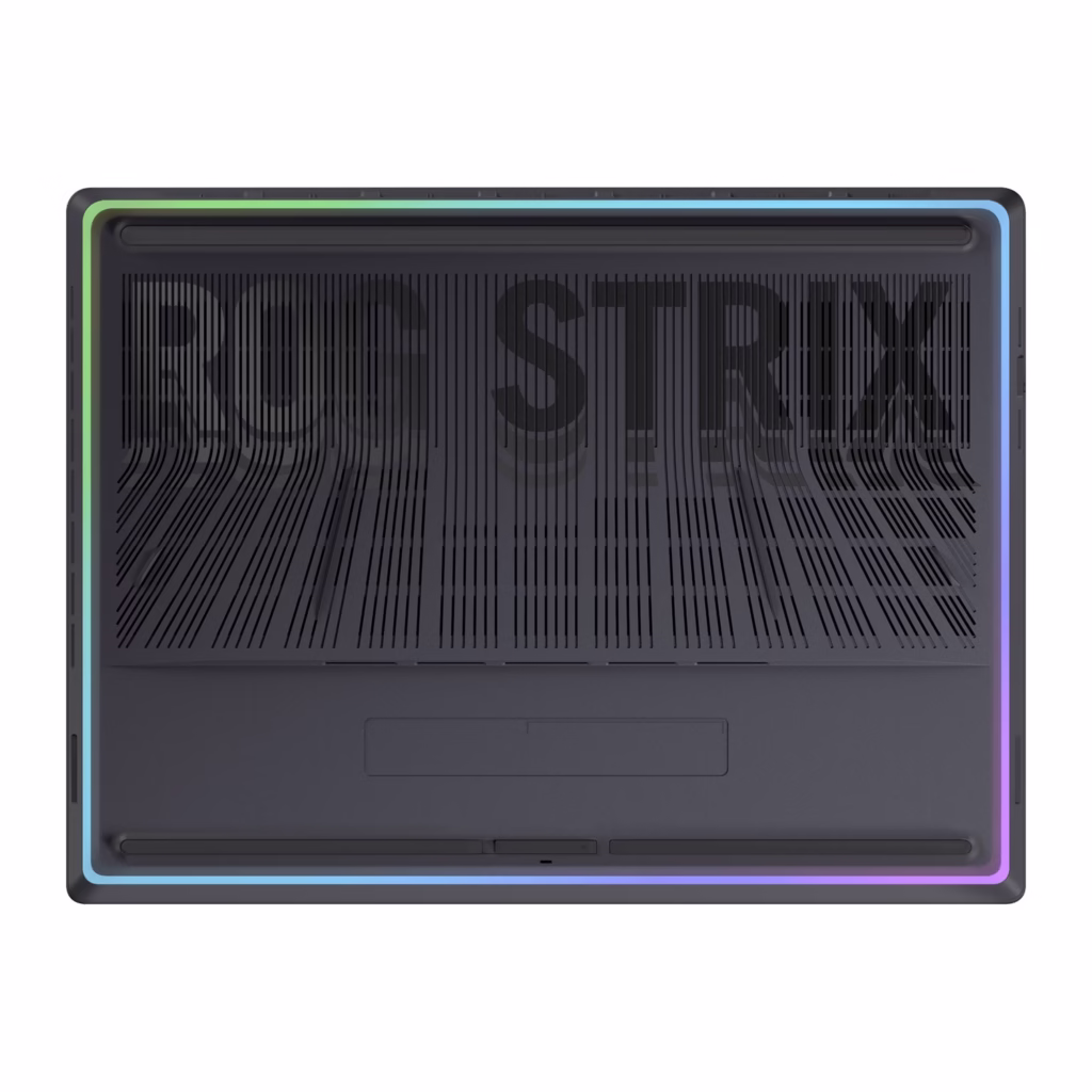 ROG Strix G18 underside with full-surround RGB light bar and cooling grilles