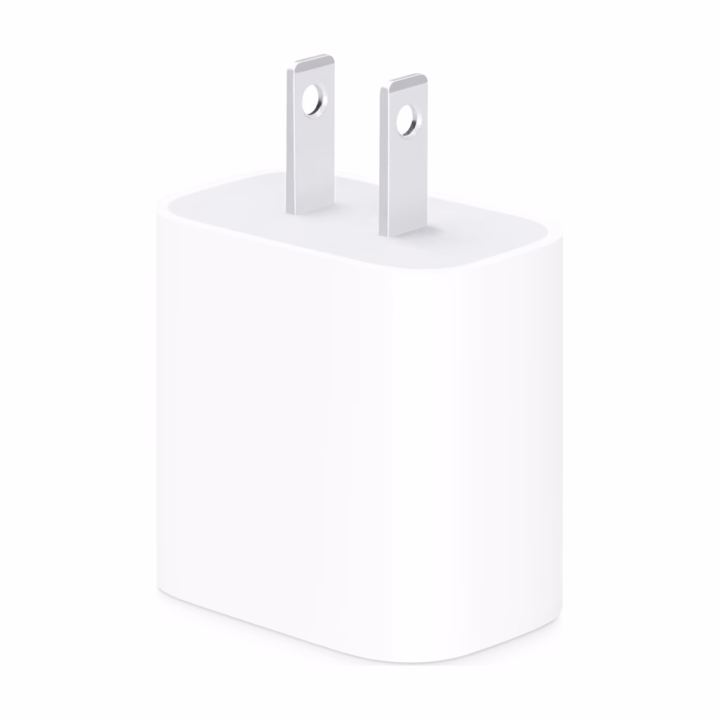 Apple 20W USB-C Power Adapter White, three-quarter view showing prongs and body