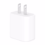 Apple 20W USB-C Power Adapter White, three-quarter view showing prongs and body