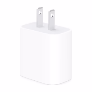 Apple 20W USB-C Power Adapter White, three-quarter view showing prongs and body