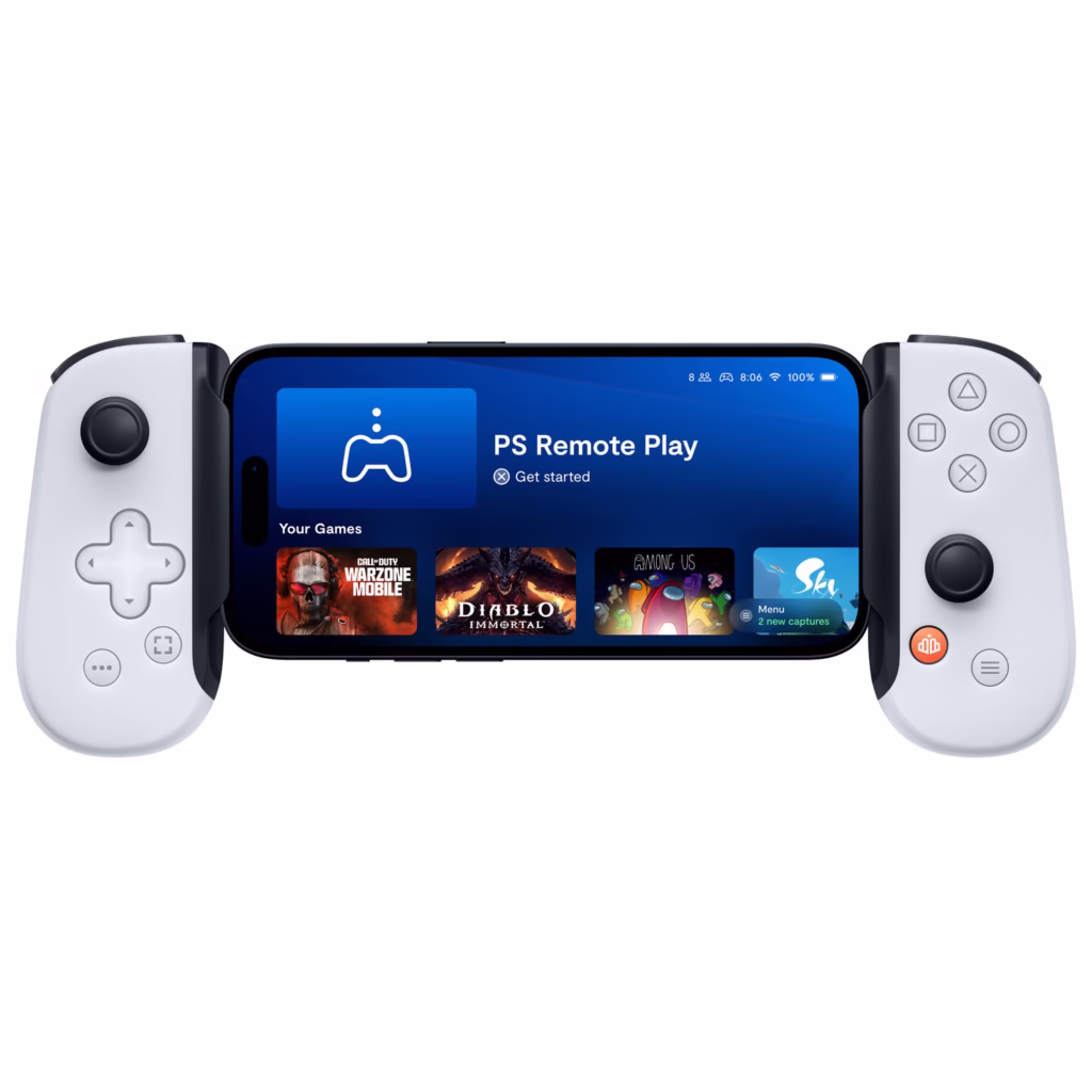 Backbone One PlayStation Edition Lightning 2nd Gen white controller mounted on iPhone showing PS Remote Play