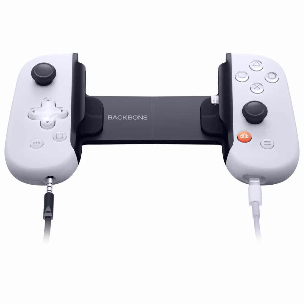 Backbone One PlayStation Edition Lightning 2nd Gen controller showing 3.5mm headset jack and Lightning pass through charging