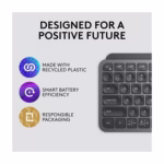 Logitech MX Keys Mini sustainable design with recycled plastic, smart battery efficiency, and responsible packaging