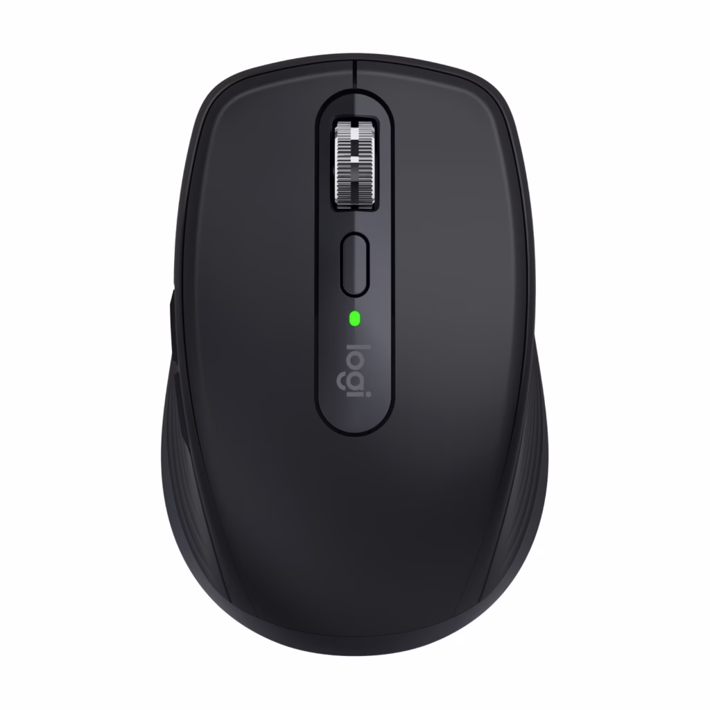 Logitech MX Anywhere 3S black wireless mouse top view with thumb buttons