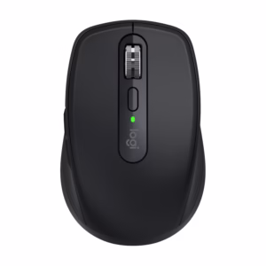 Logitech MX Anywhere 3S black wireless mouse top view with thumb buttons
