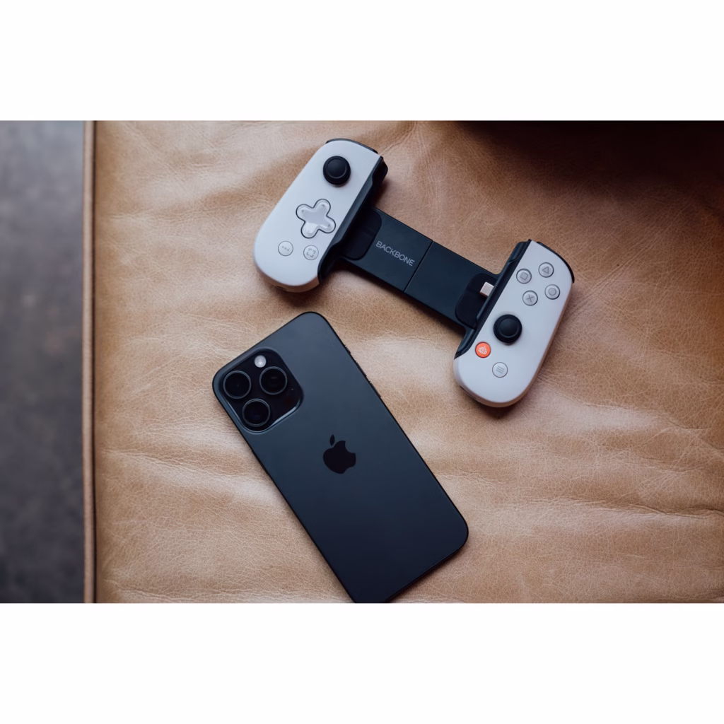 Backbone One PlayStation Edition Lightning 2nd Gen controller with iPhone resting on leather surface