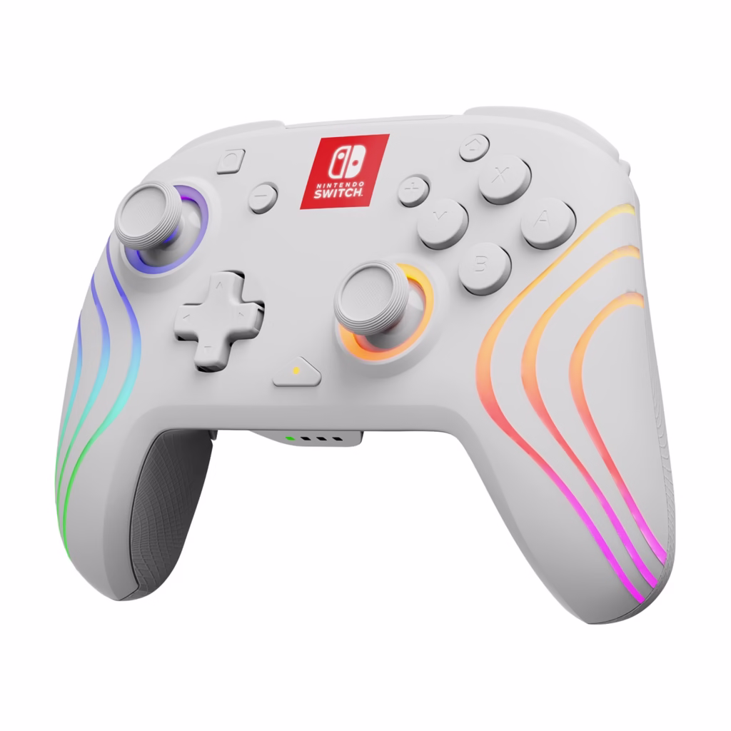 PDP Afterglow Wave Wireless Motion Plus Controller White, three-quarter angle highlighting RGB zones