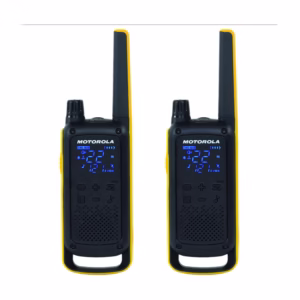 Motorola Talkabout T470 Two-Way Radio 2-Pack front view in black and yellow with backlit LCD display