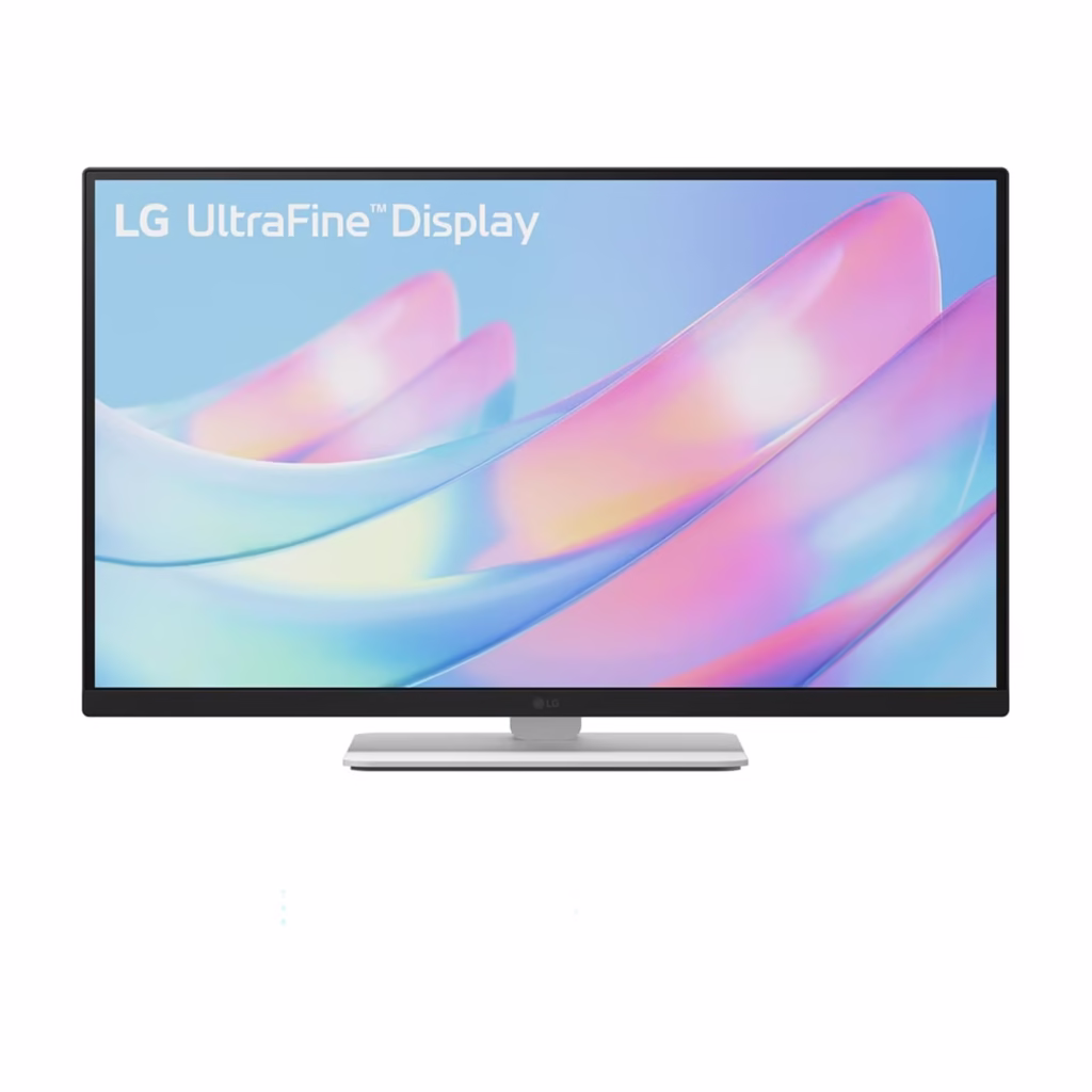 LG UltraFine 27US550-W monitor showing 4K UltraFine display on white stand