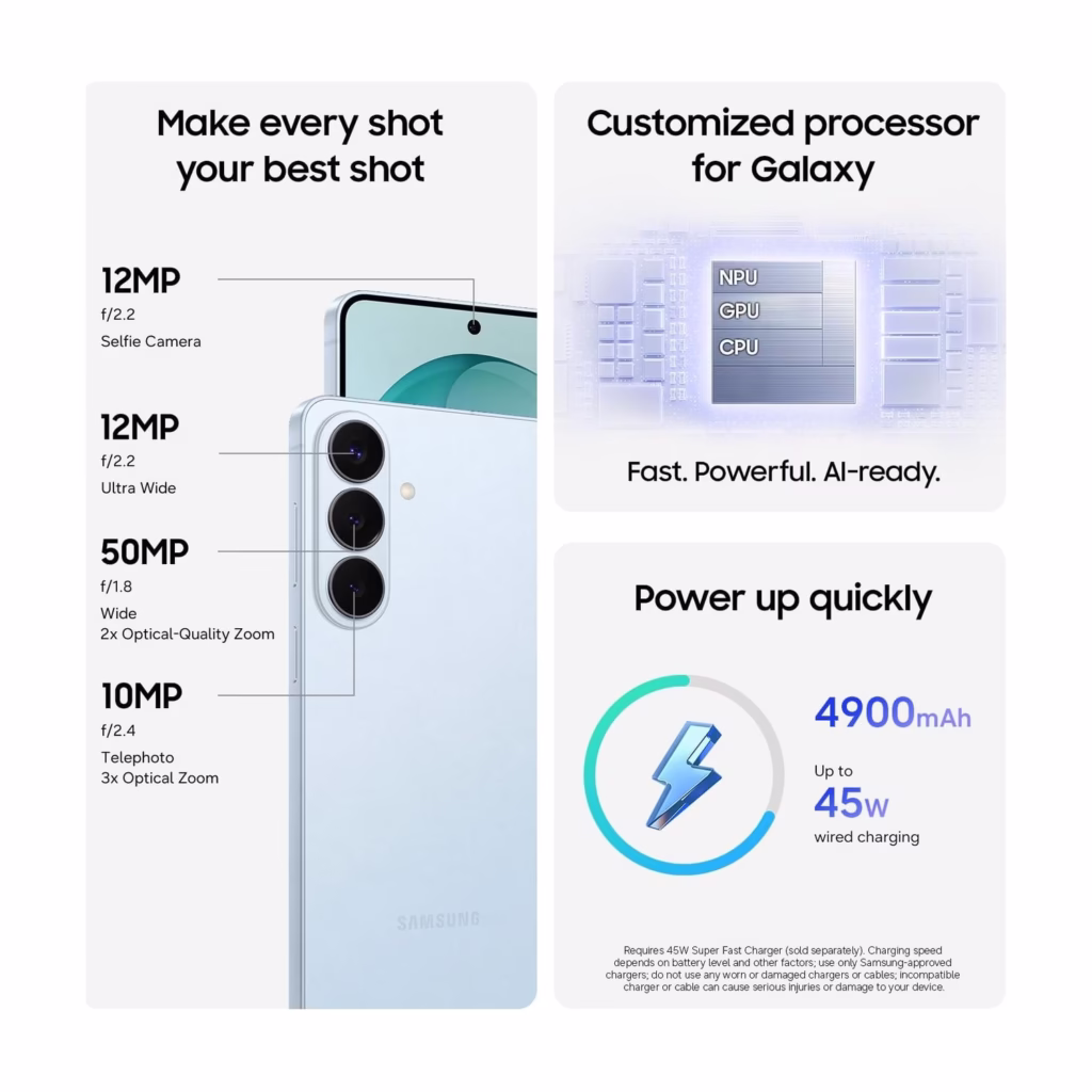 Samsung Galaxy S26+ 50MP wide camera, 12MP ultrawide, 10MP 3x telephoto, 12MP selfie, Snapdragon 8 Elite Gen 5, 4900mAh battery 45W charging