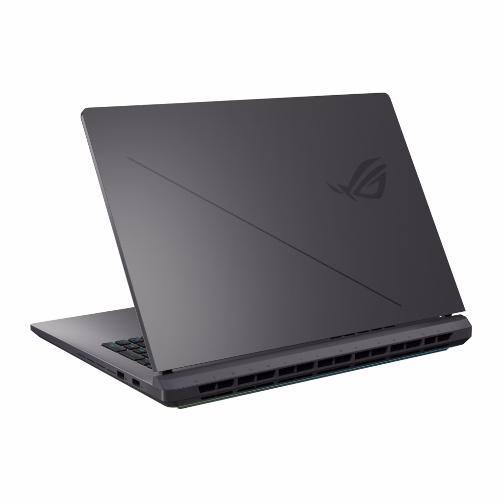 ROG Strix G18 rear three-quarter view showing Eclipse Grey lid and exhaust vents