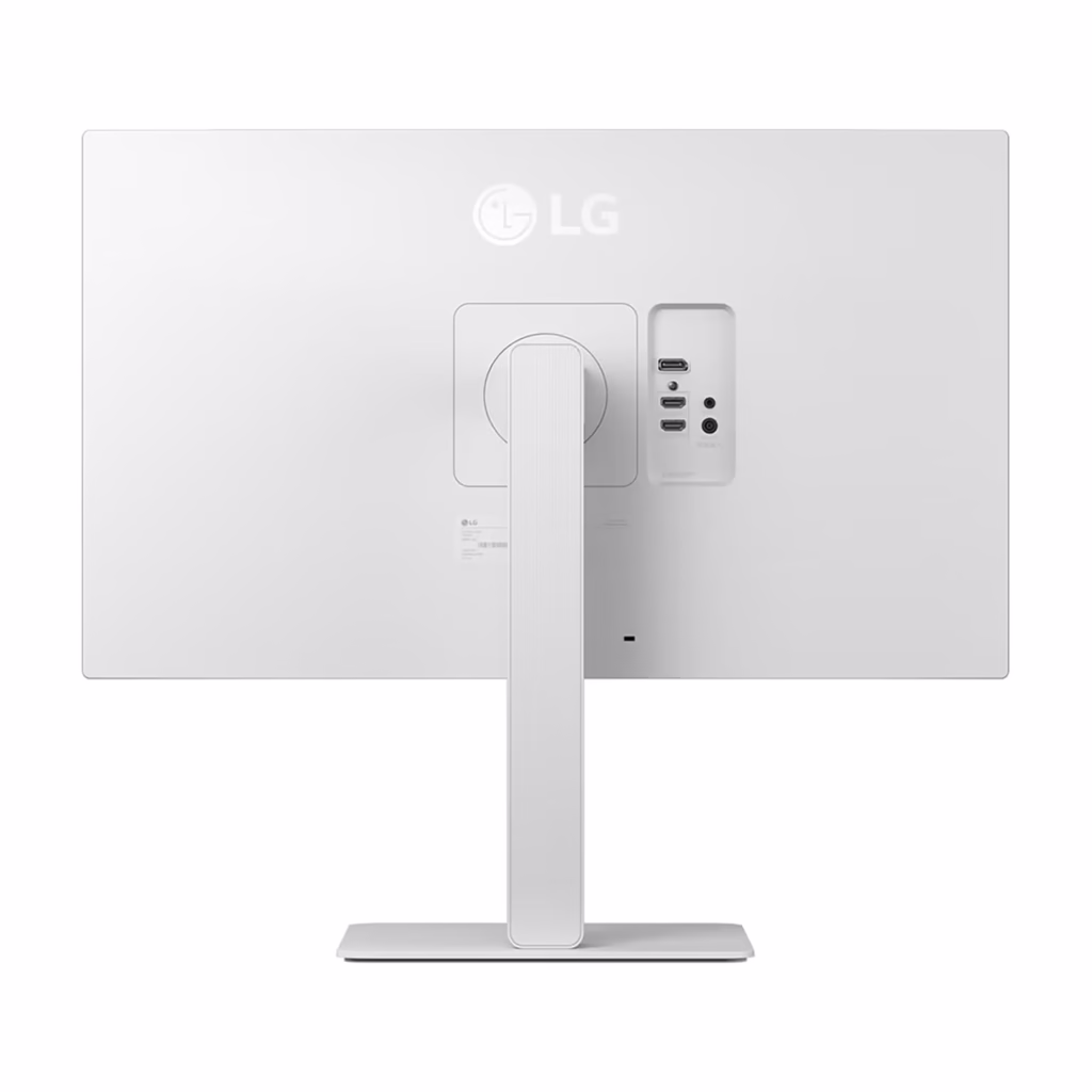LG UltraFine 27US550-W rear view showing LG logo, height-adjustable stand, and rear ports
