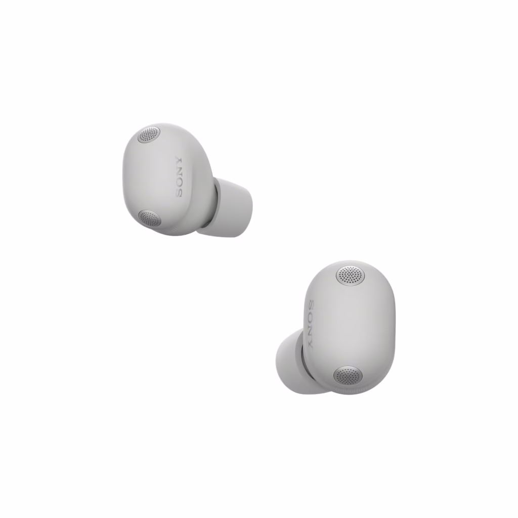 Sony WF-1000XM6 Platinum Silver earbuds shown from front and back