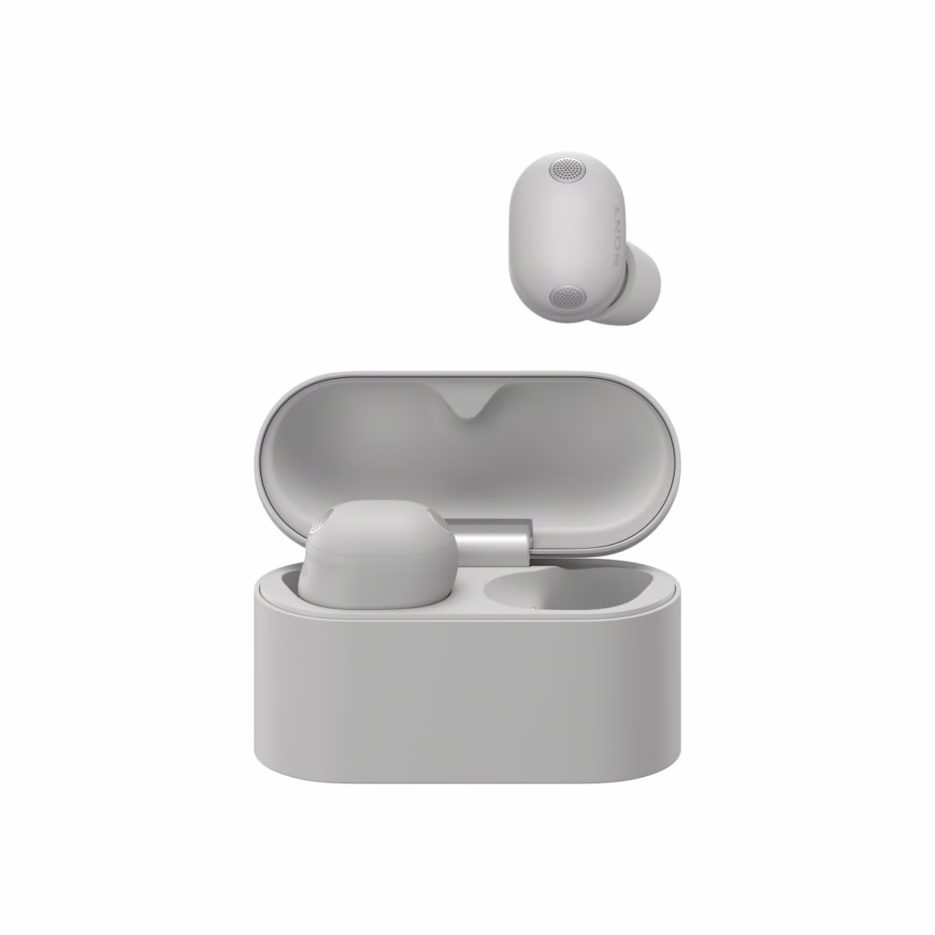 Sony WF-1000XM6 wireless earbuds in Platinum Silver with open charging case