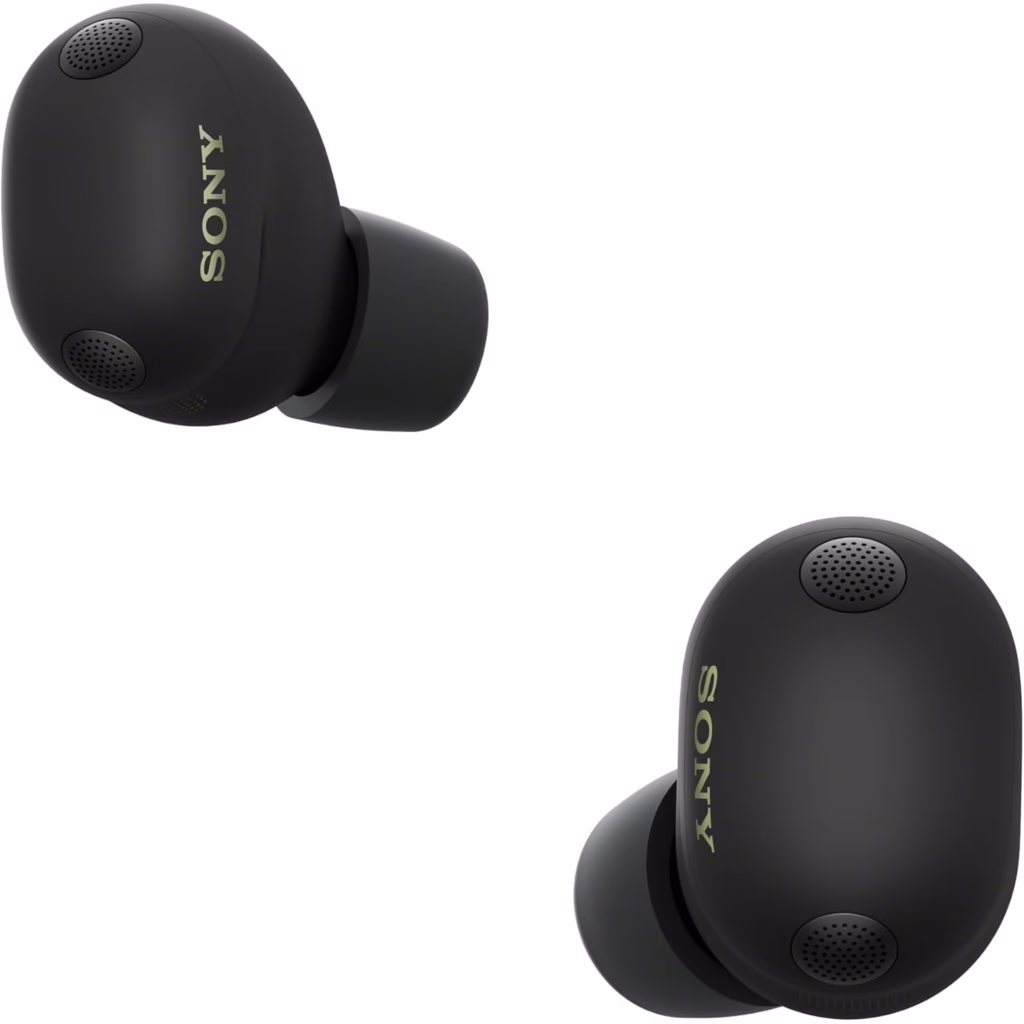 Sony WF-1000XM6 Black earbuds shown from front and back