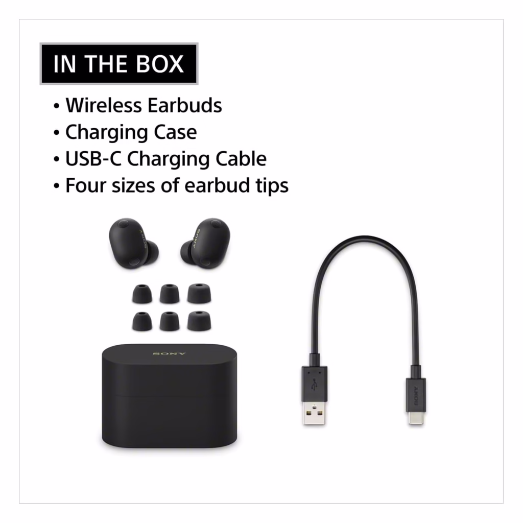 Sony WF-1000XM6 in the box with earbuds, case, USB-C cable and ear tips