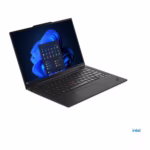 ThinkPad X1 Carbon Gen 13 open, left three-quarter view of the carbon-fibre chassis and keyboard