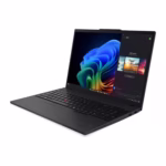Lenovo ThinkPad T16 16-inch business laptop open at a three-quarter front angle in black with backlit keyboard