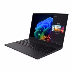 Lenovo ThinkPad T16 16-inch business laptop open at a three-quarter front angle in black with backlit keyboard