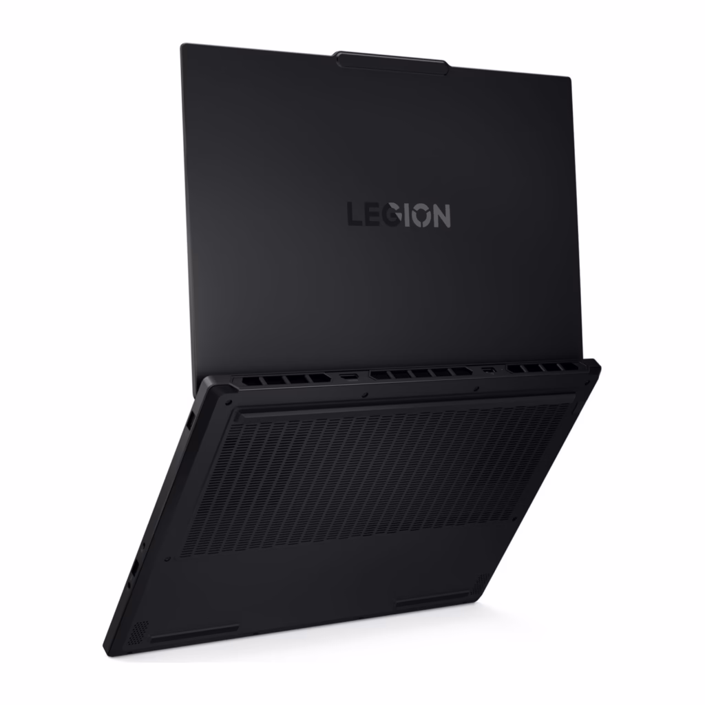 Lenovo Legion 5i rear three-quarter view showing Legion lid logo and underside cooling vents in Eclipse Black