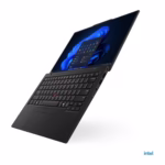 ThinkPad X1 Carbon Gen 13 open nearly flat, right three-quarter view showing 14-inch WUXGA touchscreen and side ports