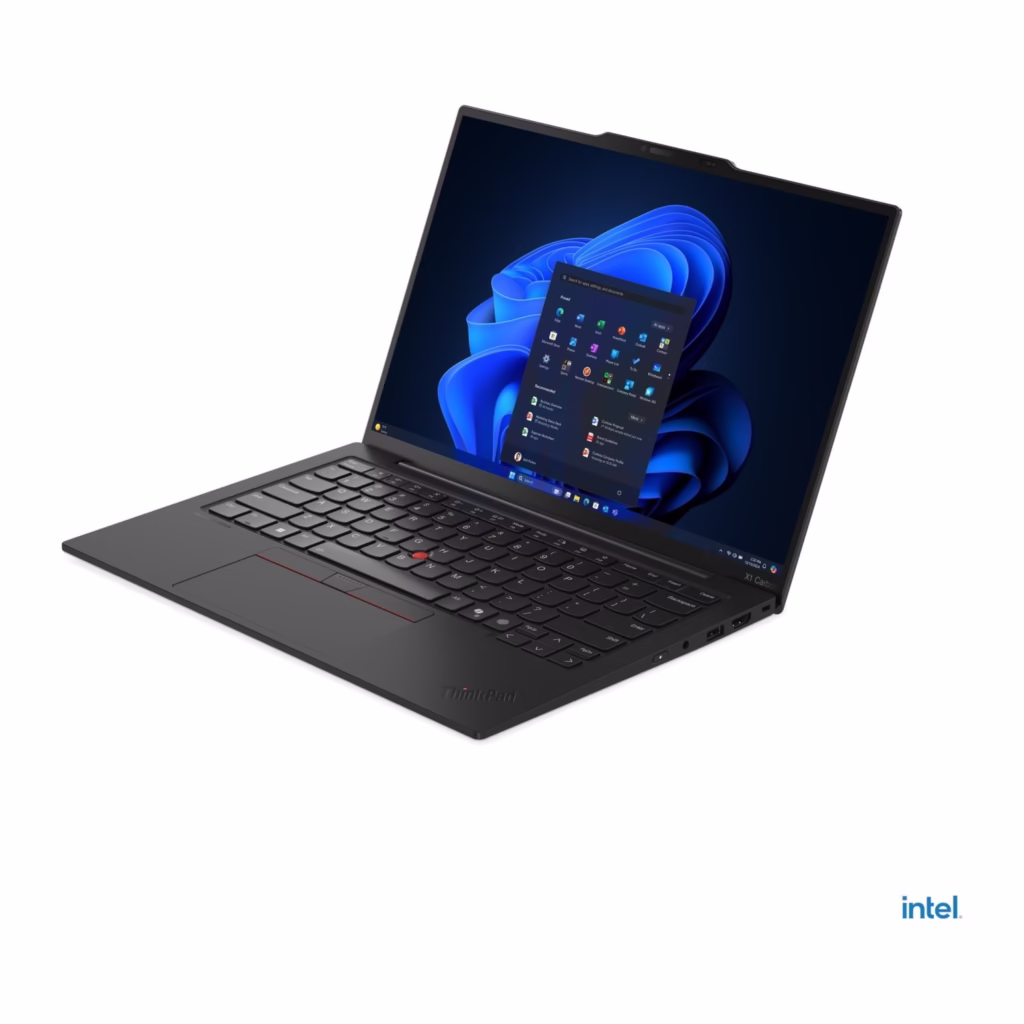 Lenovo ThinkPad X1 Carbon Gen 13 Aura Edition 14-inch laptop open, front three-quarter view with keyboard and TrackPoint