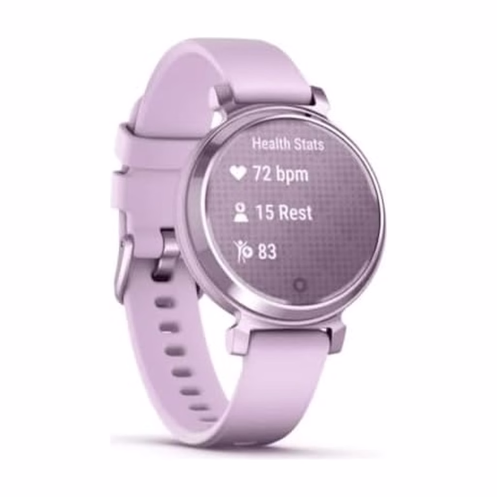 Garmin Lily 2 Sport Lilac smartwatch showing heart rate on the Health Stats screen
