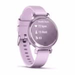 Garmin Lily 2 Sport Lilac smartwatch showing heart rate on the Health Stats screen