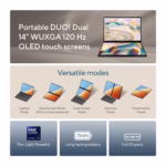 ASUS Zenbook DUO 14 dual WUXGA 120Hz OLED touch screens shown in laptop, dual-screen, desktop and presentation modes