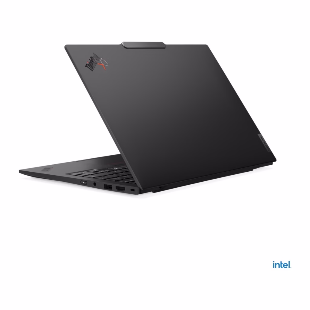 ThinkPad X1 Carbon Gen 13 rear three-quarter view showing lid with ThinkPad X1 logo and left-side ports