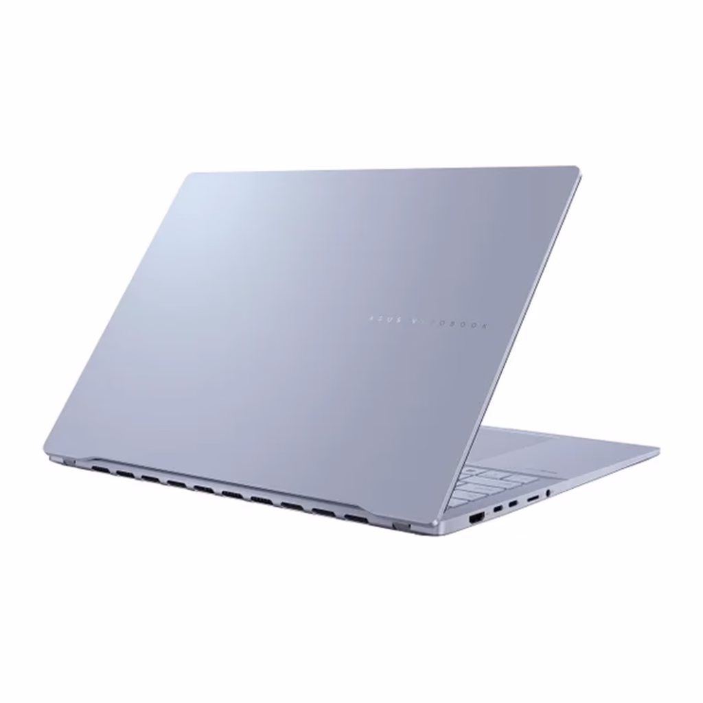 Vivobook S16 closed-lid rear three-quarter view showing slim Mist Blue aluminium chassis and ASUS Vivobook branding