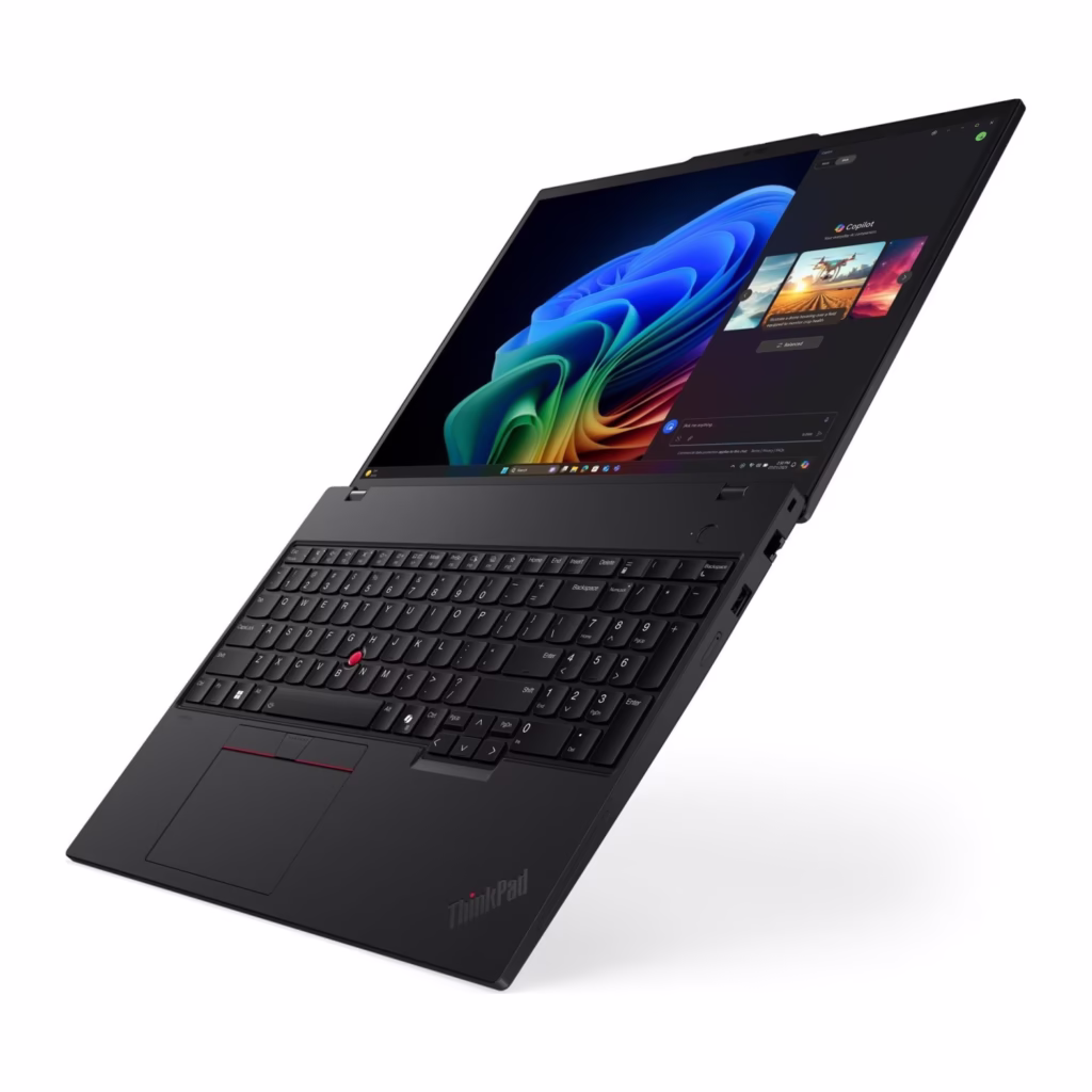 ThinkPad T16 rear three-quarter view showing the black lid and hinge with side ports