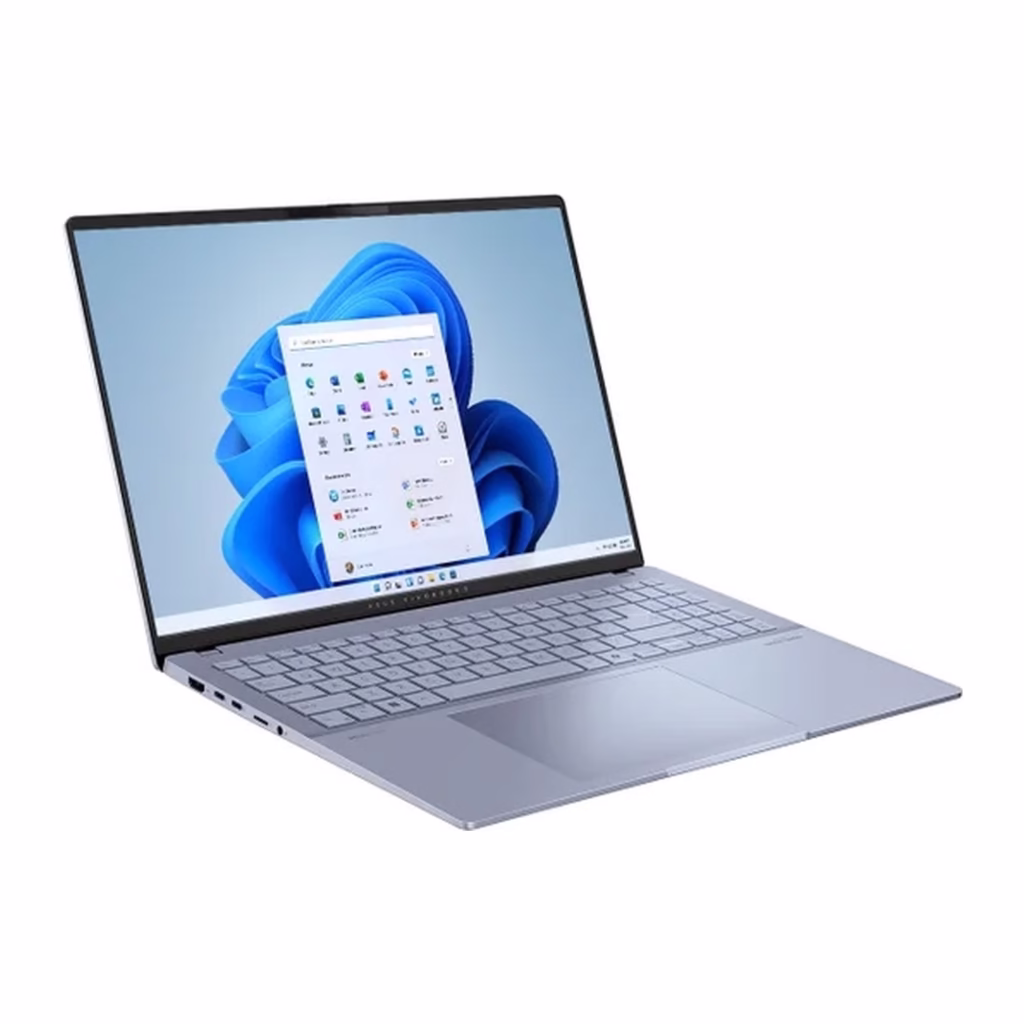 ASUS Vivobook S16 three-quarter front view showing 16-inch 2880 x 1800 Lumina OLED display and backlit keyboard