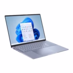 ASUS Vivobook S16 three-quarter front view showing 16-inch 2880 x 1800 Lumina OLED display and backlit keyboard