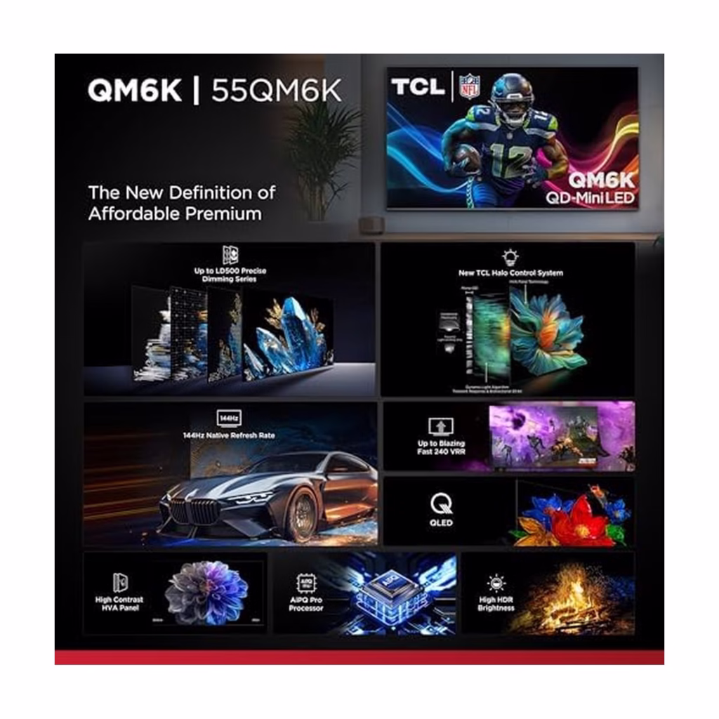 TCL 55QM67K-C QD-Mini LED TV features overview including LD500 dimming and 144Hz