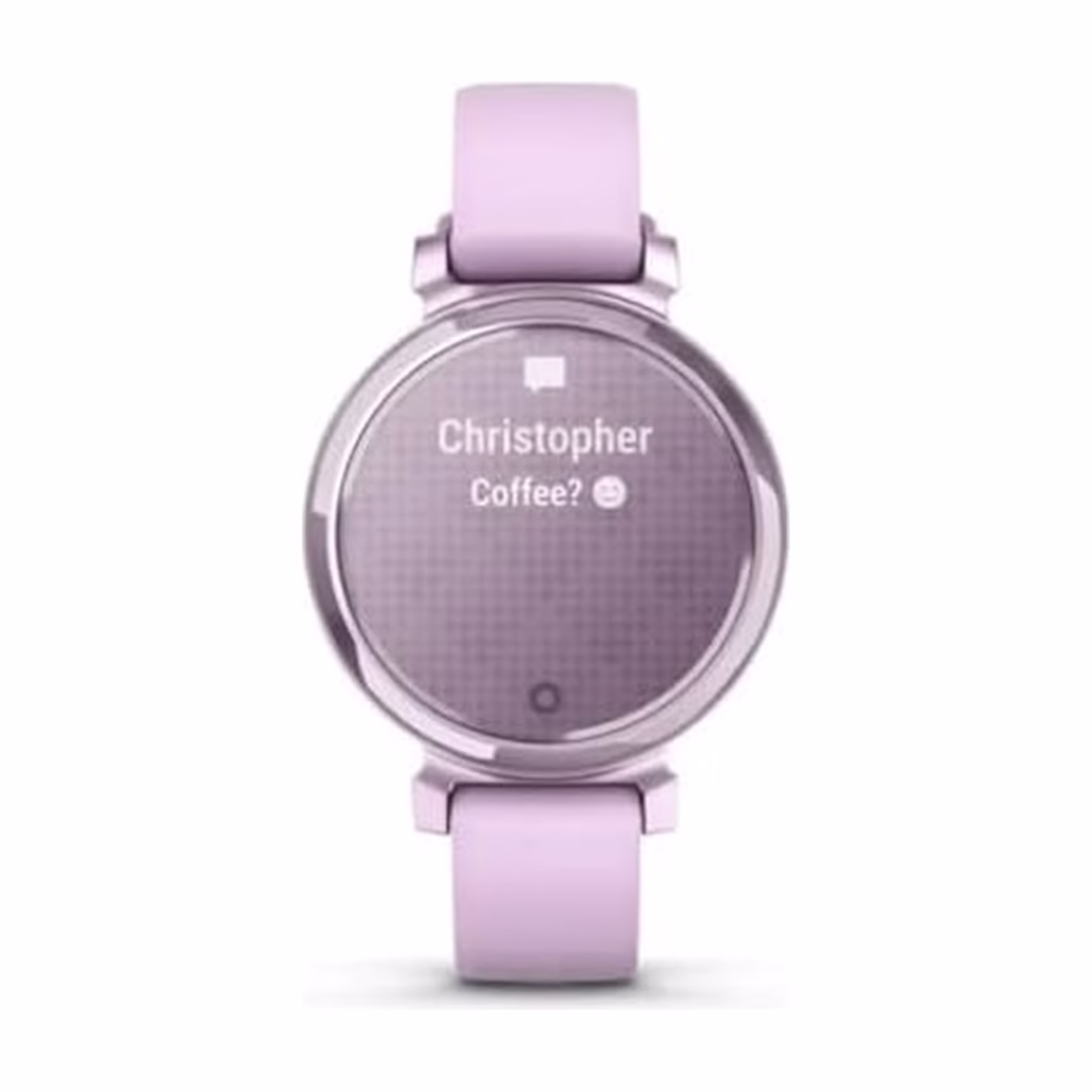 Garmin Lily 2 Sport Lilac smartwatch front view showing a smart notification