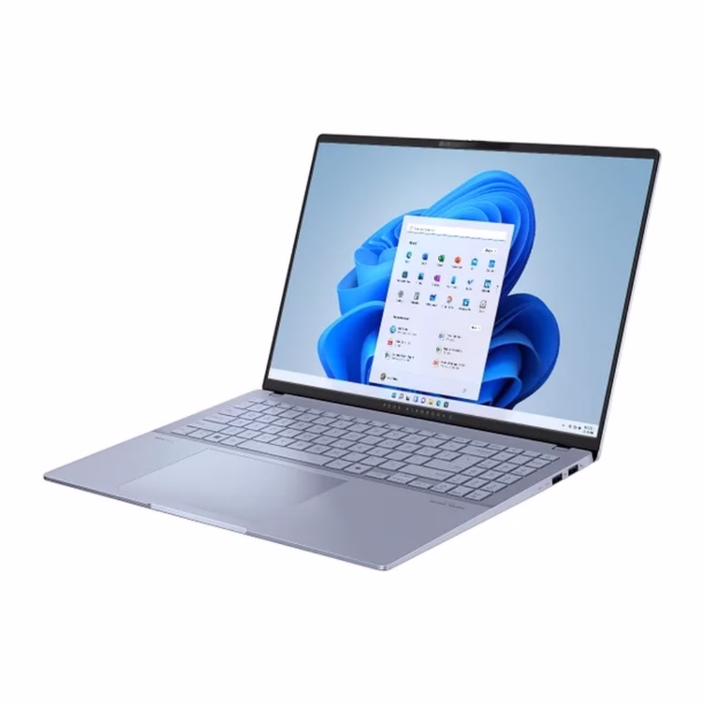 Vivobook S16 OLED laptop opposite three-quarter angle with Mist Blue chassis and side ports