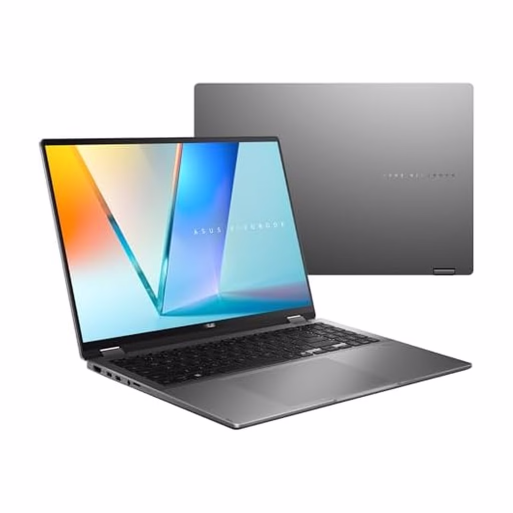 ASUS Vivobook 16 Flip open three-quarter front view and closed Matte Gray lid with backlit keyboard