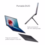 Zenbook DUO 14 with built-in kickstand for 40 to 70 degree viewing and Bluetooth keyboard with pogo-pin pairing
