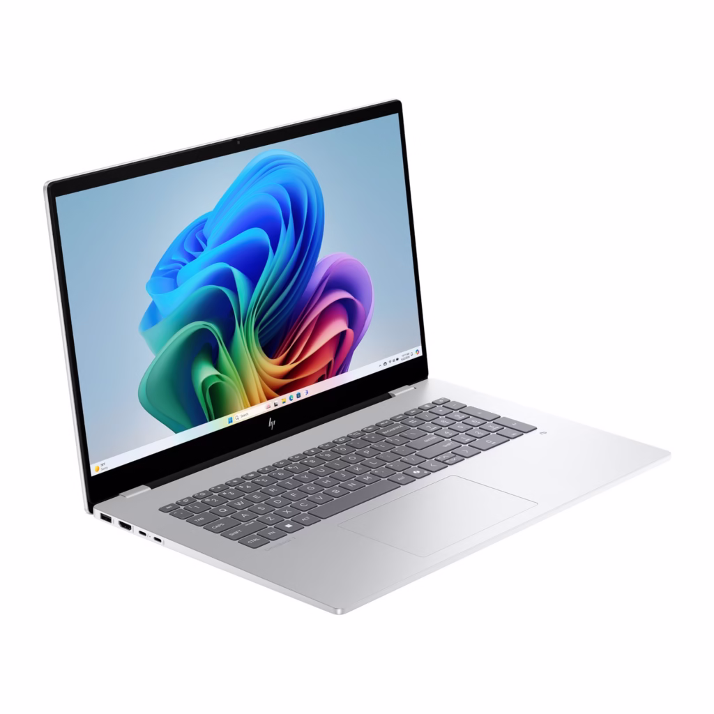 HP OmniBook 7 Copilot+ PC left three-quarter view in Glacier Silver aluminium with Intel Core Ultra 7 258V