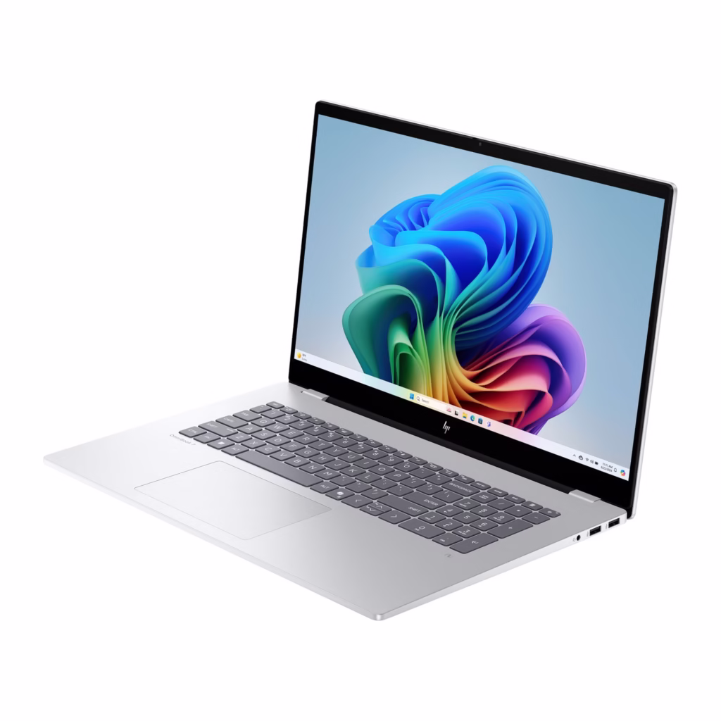 HP OmniBook 7 17.3-inch AI laptop right three-quarter view showing 17.3 inch display and number-pad keyboard